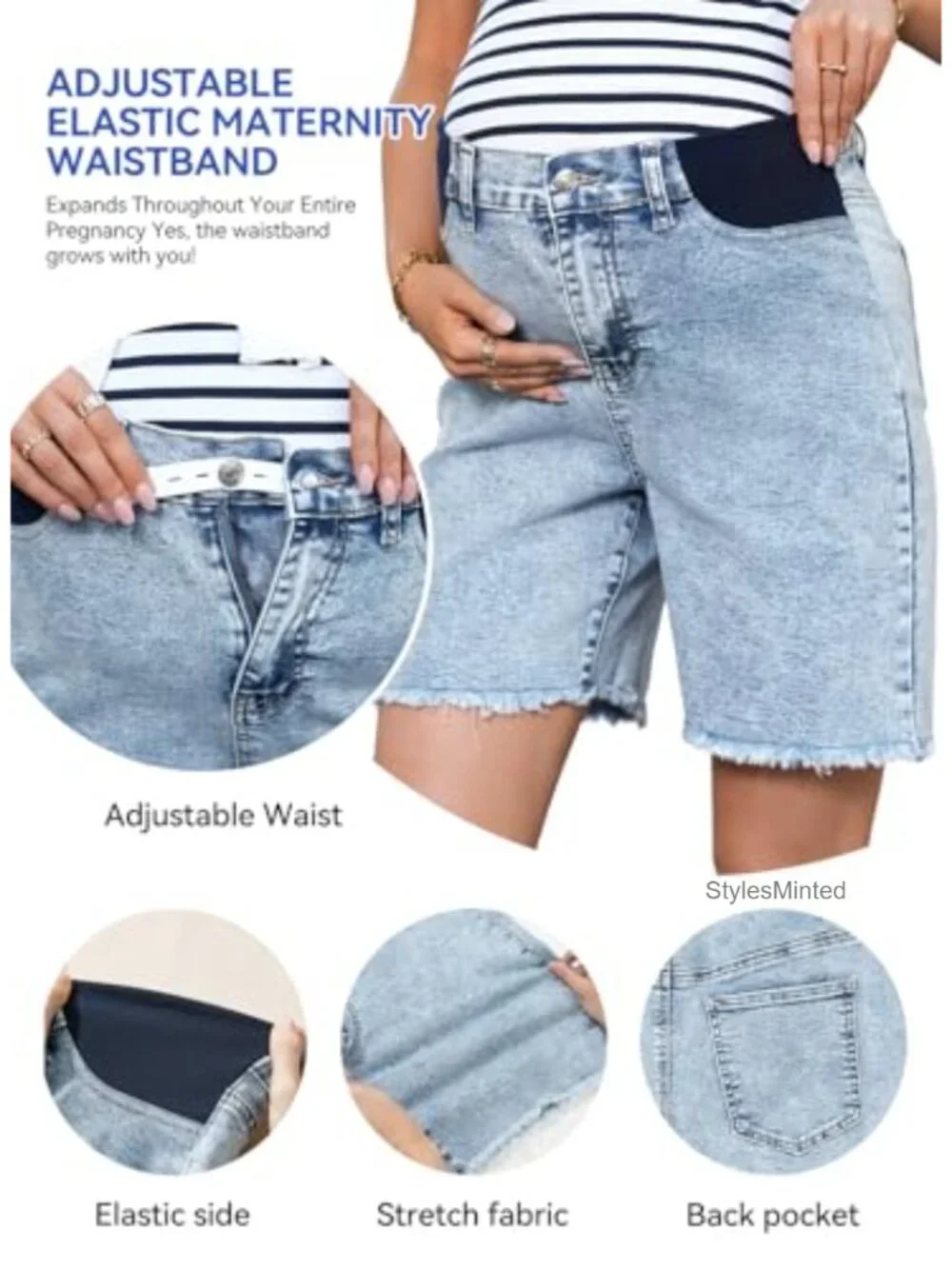 Maternity Denim Bermuda Shorts with Adjustable Elastic Waistband Raw Hem for